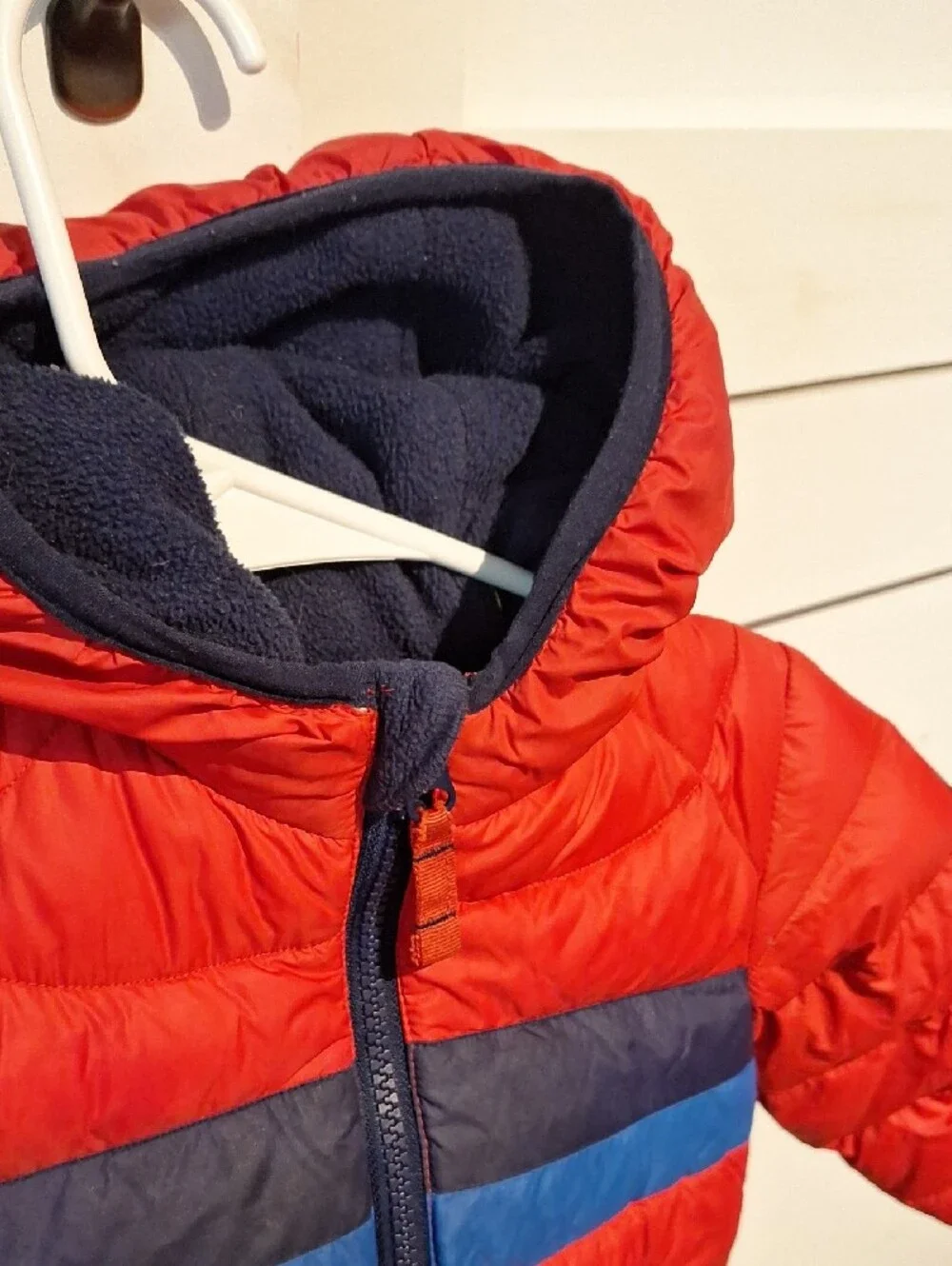 Snozu Red Hooded Puffer Jacket with Navy and Blue Stripes